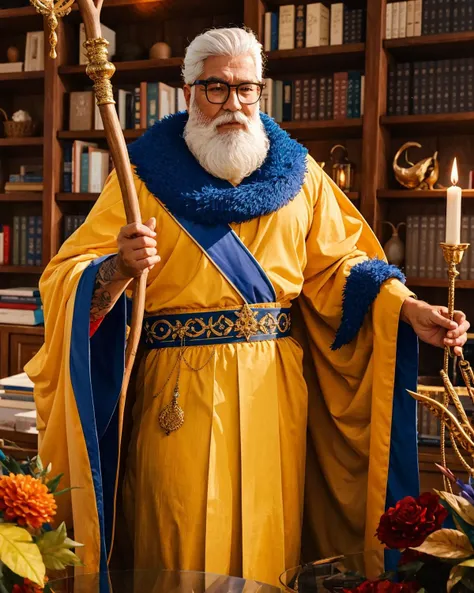 best_quality, ultra_detailed, extremely_clear, A majestic sorcerer with a long white beard, garbed in majestic yellow robes of enlightenment, holding an intricately carved wooden staff, motes of magic twinkling, black raven familiar on his shelf