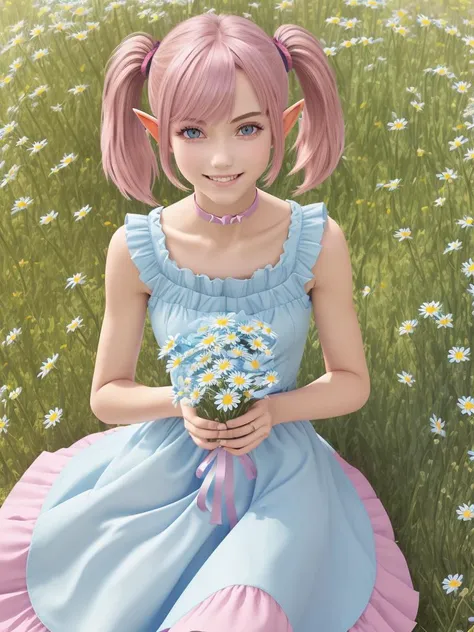 (solo:1.5), (teen girl:1.0), (elf:1.3), (thin waist:0.5), (looks at the viewer:1.5),
(dark pink hair:1.5), (short hair:1.5), (short twintail:1.2), fluffy ponytails, sidelocks, (twintail light blue ribbons:1.5), blunt bangs,  
(beautiful face:1.5), (oval face:1.2), (pointed chin:1.0), (magenta eyes:1.5), (sharp look:1.5), (kind look:1.5), (kind smile:1.3), (smug smile:0.8), (happy smile:1.2),
(loose sundress:1.5), (long dress:0.7), (light blue dress:1.5), (symmetrical dress:1.5), (dark blue geometric ornament dress:1.4),
(BG flower meadow in a fairy forest with bluebells, cornflowers, daisies and poppies, the rays of the sun break through the crown:1.2), straight horizon,
(stands in the middle of the frame and holds a bouquet of daisies in his hands:1.2),
masterpiece, best quality, ultra-detailed, intricate detail, detailed beautiful face and eyes, 8k, beautiful lighting, digital art, perfect hands, perfect anatomy, vector graphics