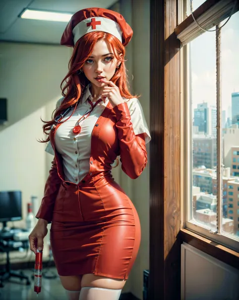 sexy redhead nurse, wearing thighhighs, red nurse outfit, nurse hat, earrings, (skinny:1.2), pale, (holding syringe:1.1), stethoscope, seductive, (full body:1.2), leaning forward, (standing in modern hospital:1.2), full length shot, wide angle shot, BREAK kkw-ph1, <lora:add_detail:0.5>, (masterpiece:1.3), (best_quality:1.3), (ultra_detailed:1.3), 8k, extremely_clear, realism, (ultrarealistic:1.3), cinematic lighting, highres, professional color grading, film grain, [(ultrarealistic:1.2):(adobe lightroom:1.2):0.3], [:intricate details:0.2]