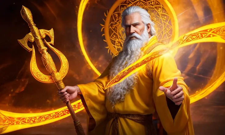 A majestic sorcerer with a long white beard, garbed in majestic yellow robes of enlightenment, holding an intricately carved wooden staff