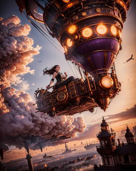 (solo_focus,cinematic photoshoot of perfect seductive young woman riding Steampunk Airship:1.3),majestic steampunk airship adorned with intricate brass gears and glowing steam vents, navigating through a sky streaked with amber and violet hues, amidst floating islands and surreal cloud formations.