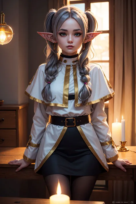 (masterpiece:1.2),(best quality:1.2),highly detailed,absurdres,intricate,volumetric lighting,cinematic lighting,award-winning,macro vivid colors, golden lamps, candles
frieren, long hair, twintails, green_eyes, grey hair, pointy ears, elf, shirt, long sleeves, jewelry, pantyhose, black pantyhose, capelet
looking at viewer
<lyco:frierenv2-lyco-nochekaiser:0.8>