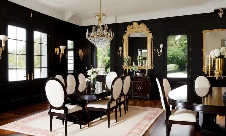 A dining room with large French doors and elegant, dark wood furniture, decorated in a sophisticated black and white color scheme, evoking a classic Art Deco style