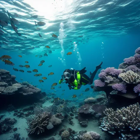 Alien-themed foto, reality,
diver in sea with snake in corall reef . Extraterrestrial, cosmic, otherworldly, mysterious, sci-fi, highly detailed