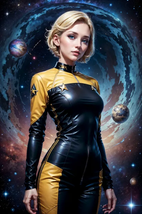 masterpiece, best quality, realistic, 1girl, solo, upper body shoot, looking to the side, blond short hair, blue eyes, lips, makeup, space background, star gazing, sky, space, long sleeves, and pants, black and yellow star trek uniform <lora:add_detail:0.25>