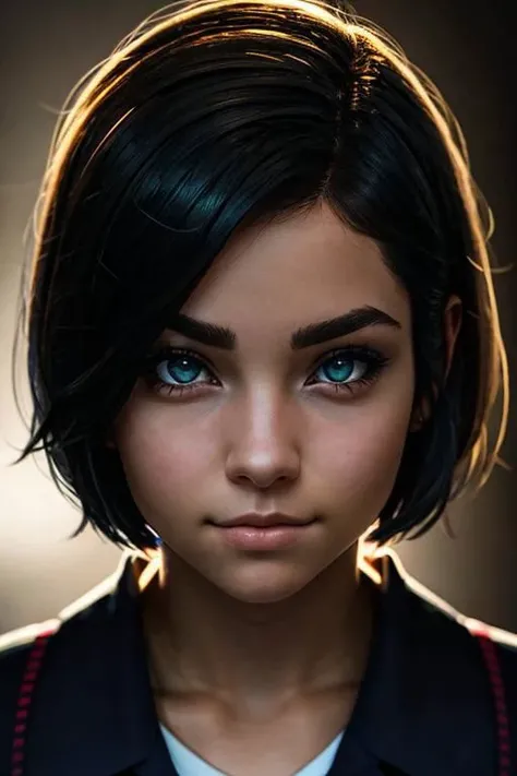 a incredibly beautiful girl with dark short hair, wearing a school uniform, detailed nose, smirk, glowing eyes