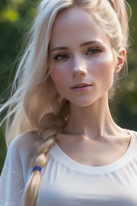 closeup headshot of S235_DianaSedova,a beautiful woman,in a (park),wearing a (flair t-shirt:1.1),(ponytail),(8k, RAW photo, best quality, depth of field, ultra high res:1.1),(absurdres, intricate, photorealistic, masterpiece, ultra-detailed:1.2),