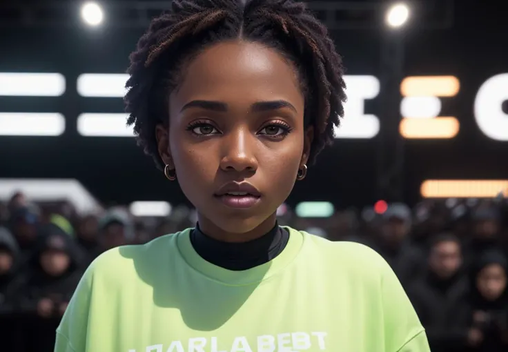 highres, bloom, cinematic lighting,
(Hasselblad:1.3), close up RAW photo of a black woman, wearing yeezy apparel, ((next to crowed of people)), professional color grading, film grain
,(masterpiece:1.3), (best_quality:1.3), (ultra_detailed:1.3), 8k, extremely_clear, realism, [(ultrarealistic:1.2) : (adobe lightroom:1.2):.3]