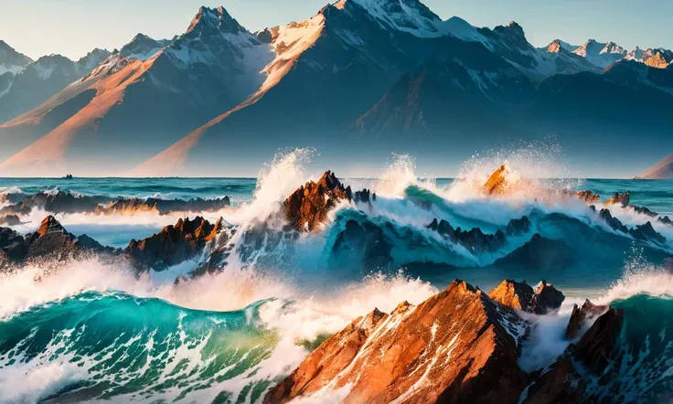 A creative double exposure shot juxtaposing the rough texture of mountain peaks with the tranquil waves of the ocean