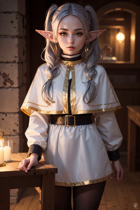(masterpiece:1.2),(best quality:1.2),highly detailed,absurdres,intricate,volumetric lighting,cinematic lighting,award-winning,macro vivid colors, golden lamps, candles
frieren, long hair, twintails, green_eyes, grey hair, pointy ears, elf, shirt, long sleeves, jewelry, pantyhose, black pantyhose, capelet
looking at viewer
<lyco:frierenv2-lyco-nochekaiser:0.8>