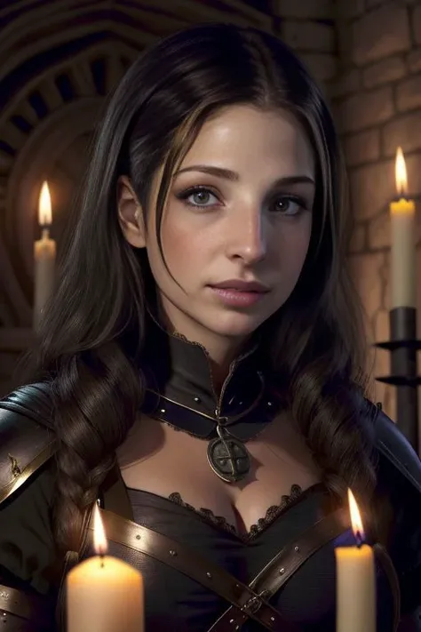 Picture, best quality, portrait photo of woman (Koh_AnnaHopkins:0.99), a medieval mage, in a castle, to8contrast style, looking at viewer, perfect face, perfect eyes, sharp focus, <lora:ContrastFix_sd15:0.55>, candles, candlelight, dimly lit, trending on ArtStation, trending on CGSociety