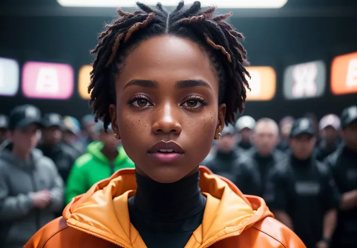 highres, bloom, cinematic lighting,
(Hasselblad:1.2), close up RAW photo of a black woman, wearing yeezy apparel, ((next to crowed of people)), professional color grading, film grain
,(masterpiece:1.3), (best_quality:1.3), (ultra_detailed:1.3), 8k, extremely_clear, realism, [(ultrarealistic:1.3) : (adobe lightroom:1.3):.4]