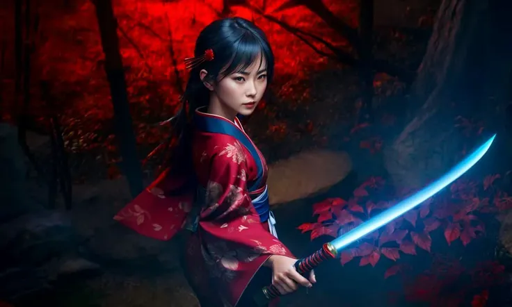 woman holding a red glowing katana, realistic, magic forest, black wings, dark blue kimono, dangerous aura, flying, looking from above, focused expression