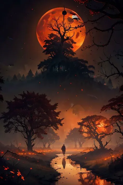 (Realistic:1.5) fog, red moon, edobsyfycitylandscape, teeth, bare tree, fireflies, reflection, antlers, orange sky, walking, saliva, bare tree, open mouth, bicycle, flower, red eyes, blood, edobsyfycitylandscape, light, signature,