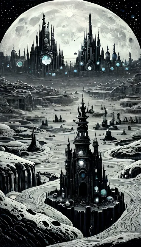 engraving, fantasy surreal landscape of moon city
by Joe Fenton, etching, 2D, thin black lines