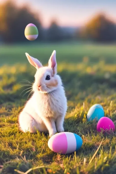 (photo realistic:1.5), (RAW photo, soft lighting, masterpiece:1.2), (high quality, best quality, ultra detailed, highly detailed)
rabbit in a field with (Easter eggs scattered everywhere)