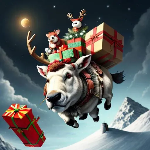 A reinder called "Raging Reindeer", floating on top of a chimey carrying a bunch of presents having a red nose. Nobody is on top of him. He has a raging epression. / 4k/ ultraHD