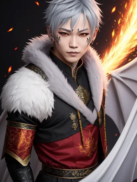 Kyo1,sorcerer, wearing kingdom fiery armor, grey hair,white eyes, short hair, face tattoo, dragon, wings