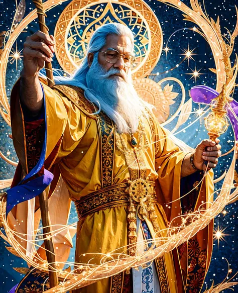 -- best_quality, ultra_detailed, extremely_clear, A majestic sorcerer with a long white beard, garbed in majestic yellow robes of enlightenment, holding an intricately carved wooden staff