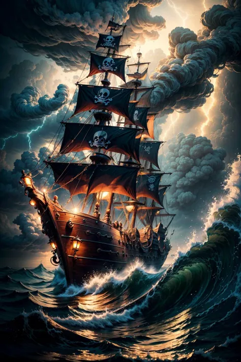 (best quality, masterpiece:1.2), underwater, ((pirate ship)), close up, zoom in, absurdes, big waves, twister, water falling, tentacles, ((glowing lights)), ((lighting storm)), fog, smoke, 4k res, 8k, higly detailed textures, cinematic shot, intricate details, side view, <lora:add_detail:0.8>,