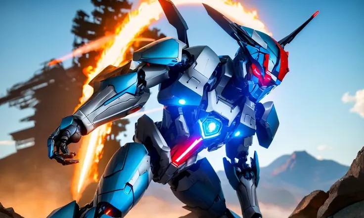 Advanced mecha with articulated full-body armor standing assertively against a vivid azure sky, featuring intricate helmet design and piercing glowing red eyes, rendered in sharp ultra-high-definition