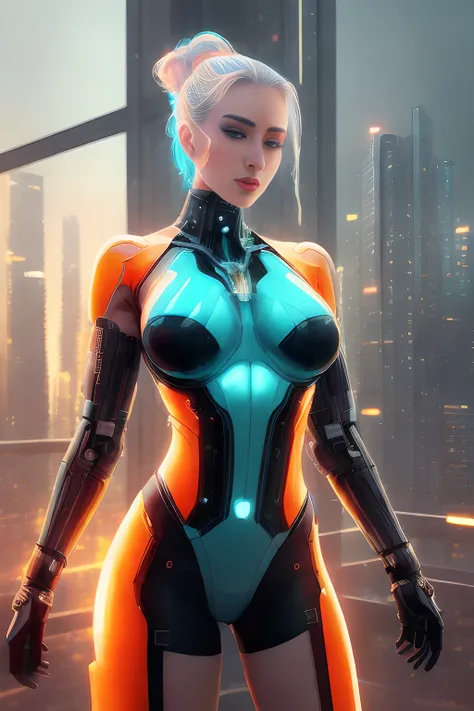 half-human-ai hybrid woman with cybernetic implants), (pale skin), ((Posing)), (Inside high-rise luxury penthouse), (overlooking Cyberpunk city), small breast, muscled body, detailed big eyes, Thigh gap long sexy legs wearing tiny shorts mist, acid raining, best quality masterpiece, photorealistic, detailed, 8k, HDR, shallow depth of field, broad light, high contrast, backlighting, bloom, light sparkles, flares, chromatic aberration, sharp focus, RAW color photo, modelshoot style, cinematic pallet, cyan and orange pallet, vivid cyberpunk