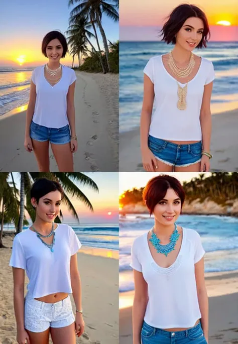 25 year old woman, white top, blue shorts, cute or adorable face, piercing eyes, resting or smiling mouth, intricate necklace, short hair, looking away or looking straight, standing next to beach, sunset, palm tree