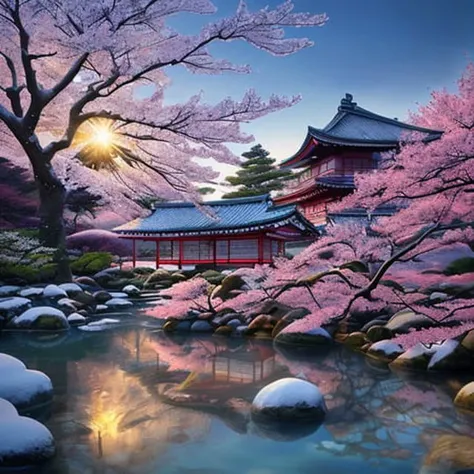 hyperrealism,candid photo of Japanese garden, sakura, snow, colorful ice, blue water, golden hour, warm light, god rays,hd, muted colors,hdr, dream, hyperdetailed, realism, hyperrealism