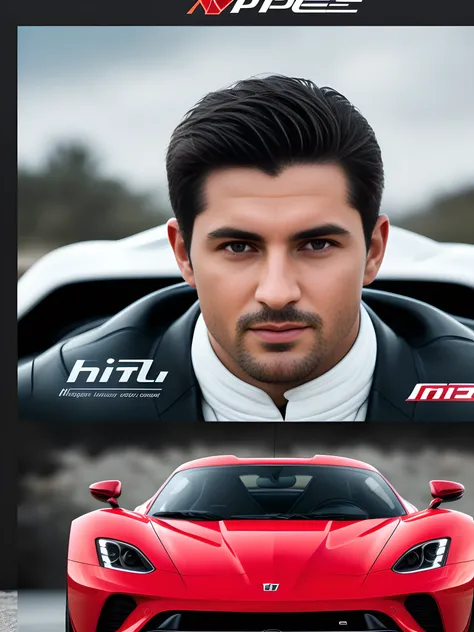 car magazine advertisement for a sportscar powered by your ego, hyperrealism, high detailed skin, highly detailed background, 8k uhd, dslr, soft lighting, high quality, film grain, Fujifilm XT3, HD, Sharp