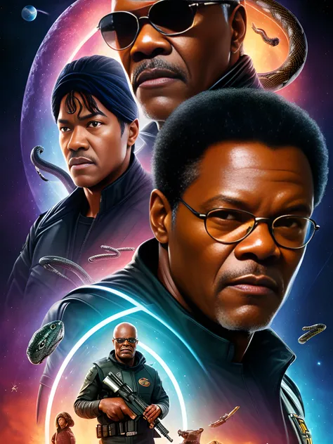 movie poster for snakes on a spaceship, (Samuel Jackson lookalike:1.1) and (multiple snakes:1.1), sci-fi, hyperrealism, highly detailed background, 8k uhd, dslr, soft lighting, high quality, film grain, Fujifilm XT3, HD, Sharp