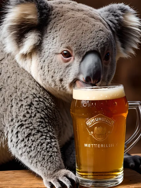 a koala drinking a beer, hyperrealism, highly detailed background, 8k uhd, dslr, soft lighting, high quality, film grain, Fujifilm XT3, HD, Sharp