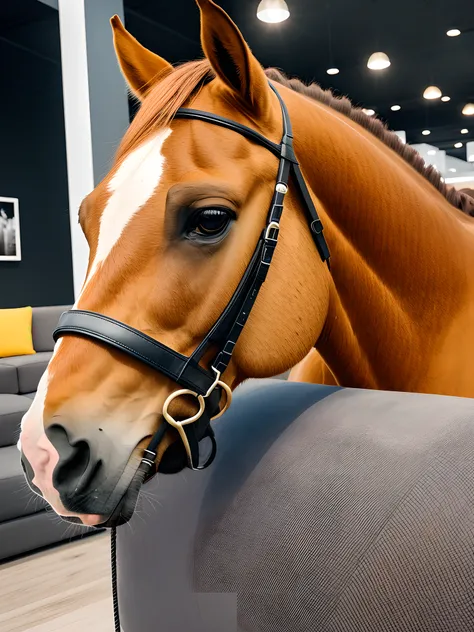 a horse looking at couches in IKEA, hyperrealism, high detailed skin, highly detailed background, 8k uhd, dslr, soft lighting, high quality, film grain, Fujifilm XT3, HD, Sharp