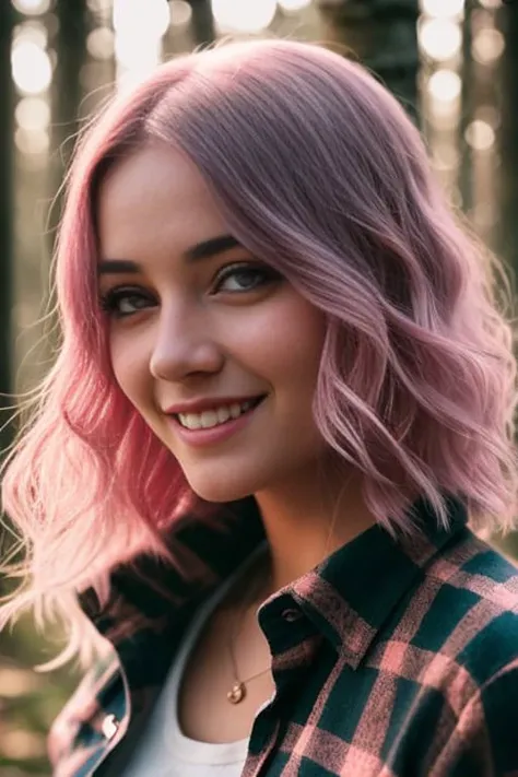 portrait of a beautiful [girl | woman] with pink hair in a red plaid shirt standing in the forest, wispy hair, contrast, texture, realism, high quality, film grain, Fujifilm XT3, insane details, intricate details, hyperdetailed, soft cinematic light, adobe lightroom, photolab, intricate, highly detailed, muted colors, insane details, intricate details, hyperdetailed, soft cinematic light, adobe lightroom, photolab, intricate, highly detailed, muted colors, masterpiece, (close up portrait of a smiling girl) , (backlighting), (intricate, octane render, highly detailed, 8k, hdr, uhd, high quality, professional, Unreal engine,Trending on artstation), lens flare, shade