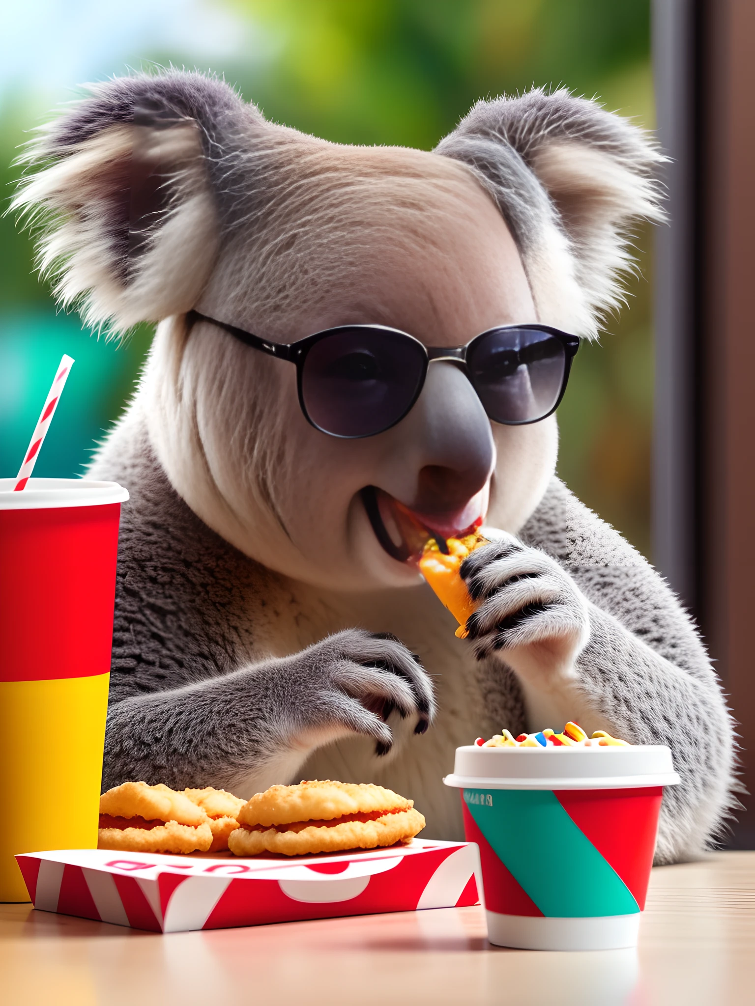 drunk koala wearing multicolor sunglasses eating fastfood at kfc, hyperrealism, highly detailed background, 8k uhd, dslr, soft lighting, high quality, film grain, Fujifilm XT3, HD, Sharp