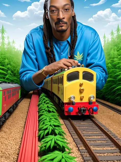 movie poster with (Snoop Dogg lookalike:1.1) and (multiple toy trains:1.1) surrounded by weed, hennep plants, hemp, weed, marihuana, "Thomas the dank engine", hyperrealism, highly detailed background, 8k uhd, dslr, soft lighting, high quality, film grain, Fujifilm XT3, HD, Sharp