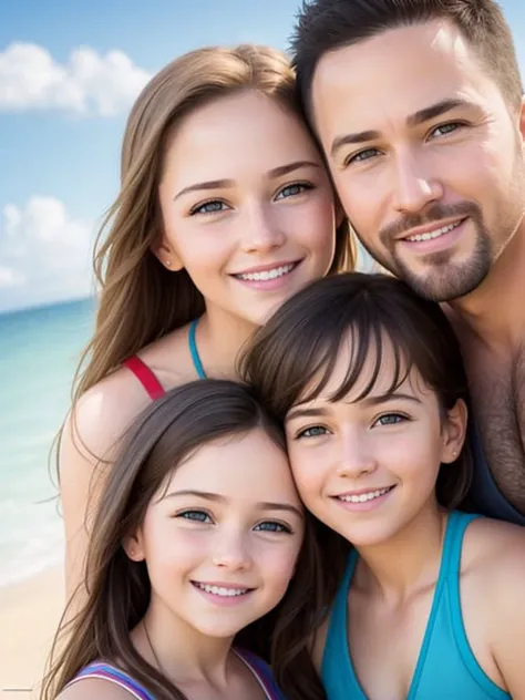 portrait of a happy family at the beach, photo, realistic, smooth face, perfect eyes, wide angle, sharp focus, 8 k high definition, insanely detailed, intricate, oliver wetter, beautiful, hd, dream, ultra wide angle, hyperrealism, hyper detailed