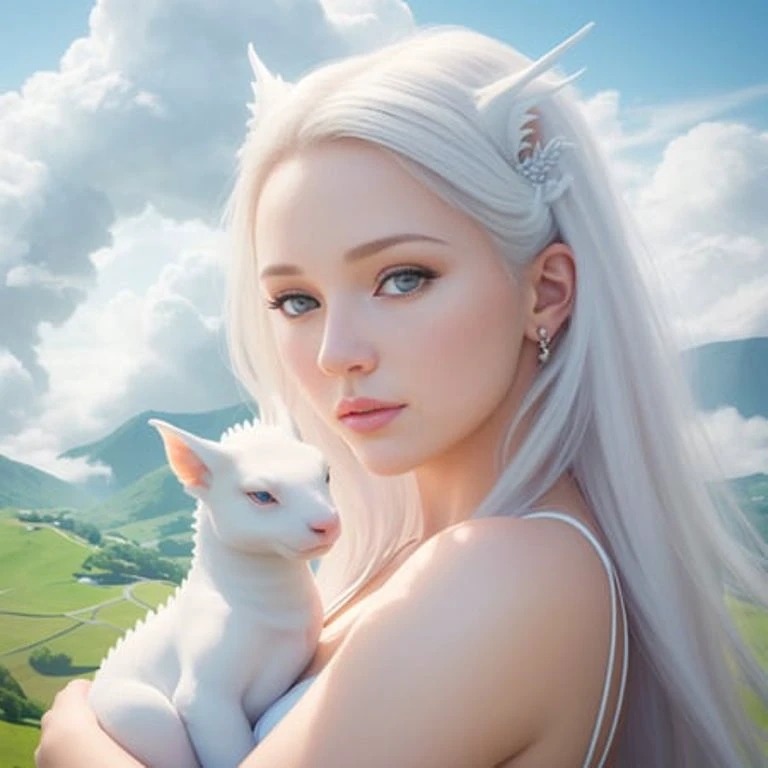 1girl, half body, closeup portrait of a beautiful 21yo woman with (a little white dragon in her arms), surrounded by white clouds, looking away, piercing eyes, fairyland at background, detailed face, detailed skin, hd, dream, ultra wide angle, hyperrealism, hyper detailed, centered