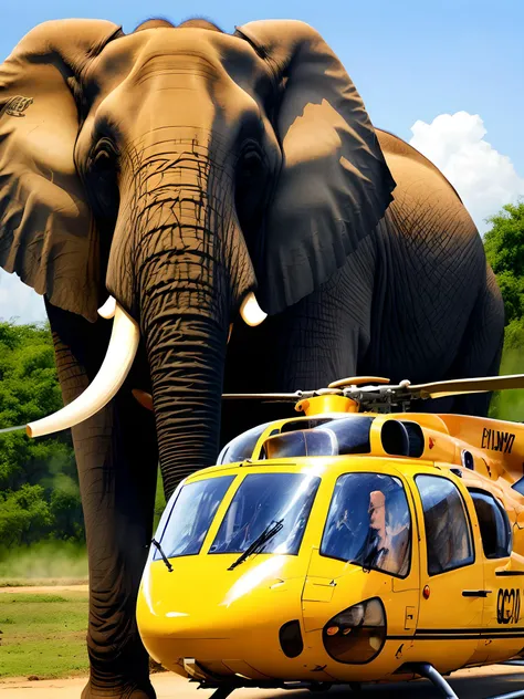 an elephant cuddling with a helicopter