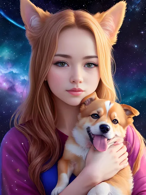 1girl, upper body portrait of a beautiful 21yo woman catgirl with (a little welsh corgi puppy in her arms), surrounded by stars and nebulas, looking at viewer, piercing eyes, fairyland at background, neko, mystical, surreal, colorful, detailed face, detailed skin, hd, dream, ultra wide angle, hyperrealism, hyper detailed, centered