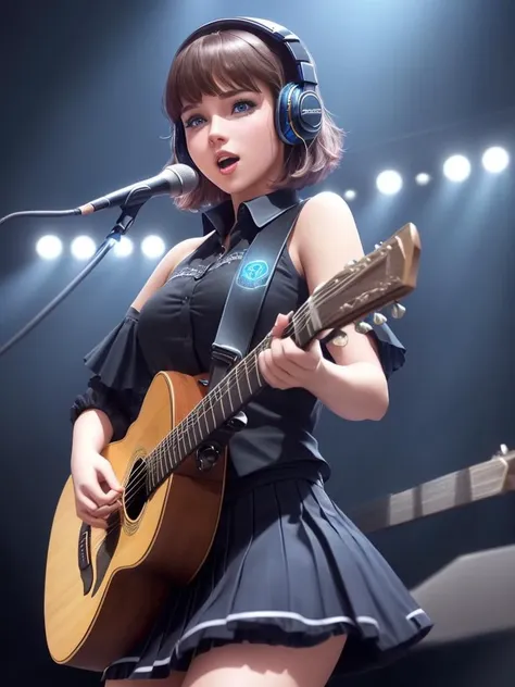 solo beautiful (1girl:1.3), cute pop singer, melancholy, short hair, symmetrical teary blue eyes, black skirt, pleated skirt, black shirt, singing and playing guitar, headphones, holding plectrum, one side up, cinematic, concert lighting, dynamic angle, beautiful detailed glow, full body, cowboy shot, (high detailed skin, soothing tones :1.25), hyperdetailed