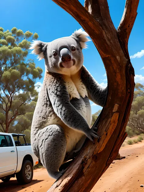 a koala climbing into a tree in the australian outback, broken pickup wreckage in the background, wide angle, hyperrealism, highly detailed background, 8k uhd, dslr, soft lighting, high quality, film grain, Fujifilm XT3, HD, Sharp