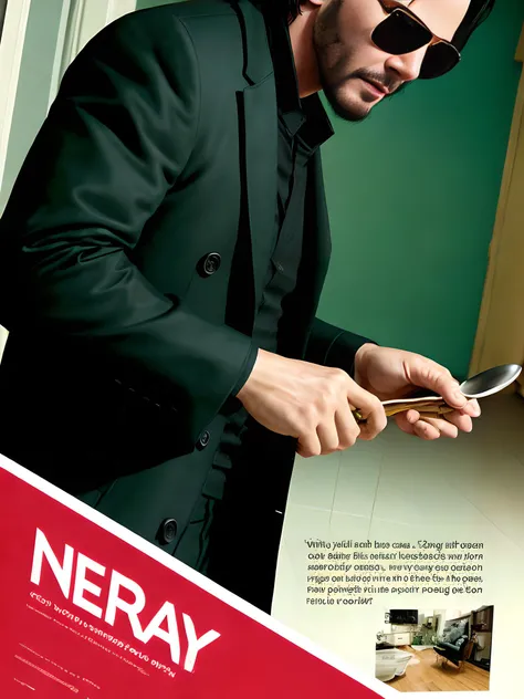 magazine ad for a spoon, wide angle photograph of Keanu Reeves as Neo from The Matrix, holding a spoon in a small run down apartment, green filter, green hue, sunglasses, long black coat, black clothes