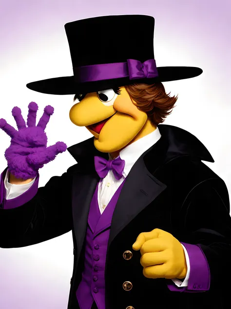 purple muppet vampire looking at his hand, Count Von Count, purple vampire muppet, purple dracula muppet, count, black coat, black clothes, purple muppet, white fangs, "Counting fingers with the count"