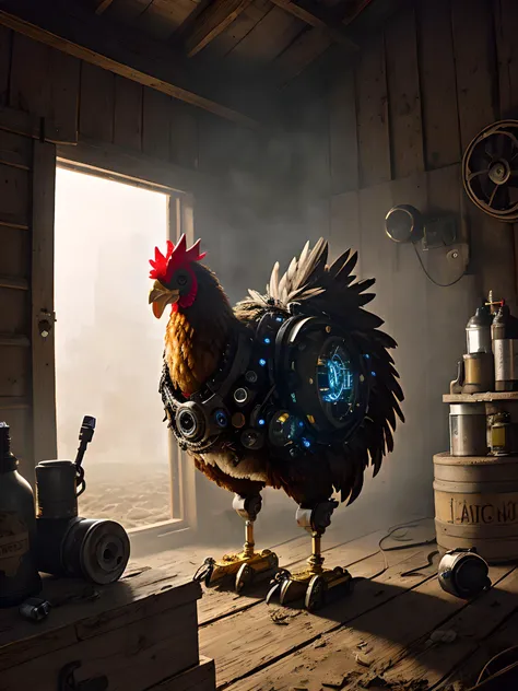 a cyborg chicken with light up eyes, robotics, prosthetics, gears, pistons, actuators, motors, bearings, located in an old and messy barn, hdr, 8k uhd, dark, soft lighting, dusty, light layer