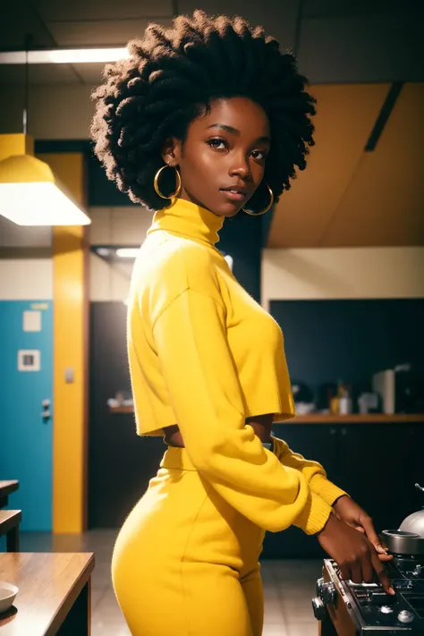 1 young female , happy, dark skin tone, afro hair, yellow turtle neck sweater, yellow and cyan tone, 1970, hip pop, huge ear ring, Bell-bottoms, flares
(35mmstyle:1.1), front, masterpiece, , cinematic lighting, (photorealistic:1.3), high frequency details, 35mm film, (film grain), film noise, kodak proimage 100, depth of field , bokeh
<lora:epiNoiseoffset_v2:1>
