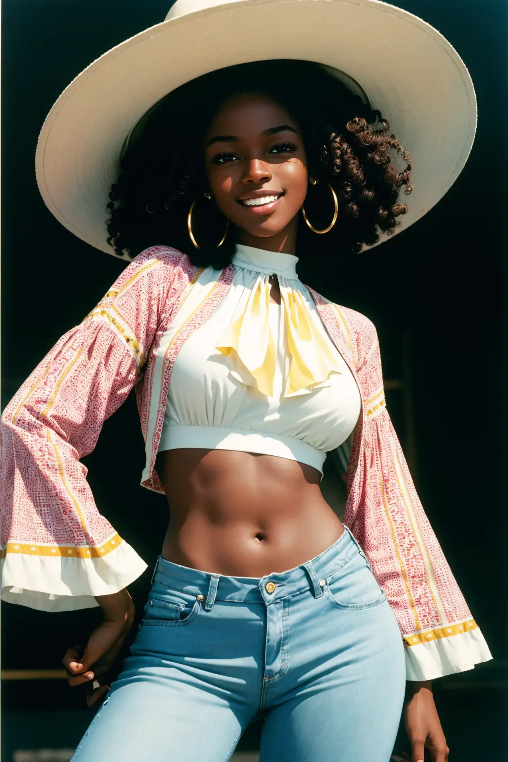 ung female , smile, dark skin tone, afro hair, a pair of sparkly bell-bottoms, a white blouse, and a funky pink cowboy hat , yellow and cyan tone, 1970s, huge ear ring, Bell-bottoms, flares, disco
(35mmstyle:1.1), front, masterpiece, , cinematic lighting, (photorealistic:1.3), high frequency details, 35mm film, (film grain), film noise, kodak proimage 100, depth of field , bokeh
<lora:epiNoiseoffset_v2:1>