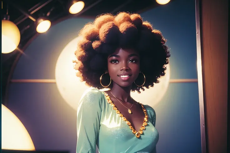 1 young female , smile, dark skin tone, afro hair, a pair of sparkly bell-bottoms, a white blouse, yellow and cyan tone, 1970s, huge ear ring, Bell-bottoms, flares, Disco Mirror Ball,
analog style (35mmstyle:1.1), masterpiece, , cinematic lighting, (photorealistic:1.3), (film grain), film noise, kodak proimage 100, depth of field , bokeh