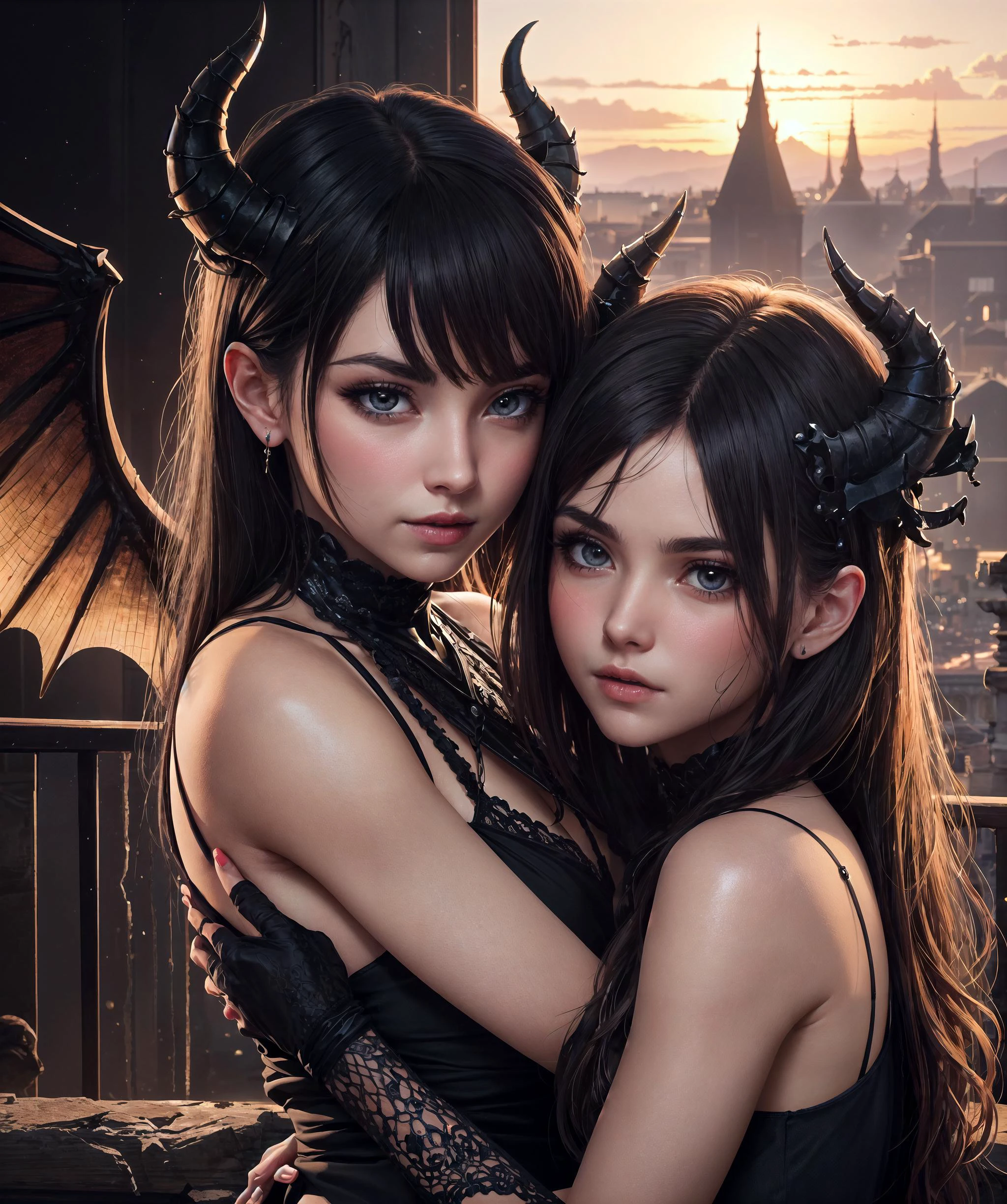 (dark shot:1.4), 80mm, 2girls, upper body portrait of two beautiful 21yo succubus females with horns and dragon wings hugging on a castle balcony at sunset, looking at viewer, piercing gaze, sensual, lust, demongirl, dragongirl, succubus, horns, dragon wings, scales, mystical, surreal, colorful, detailed face, detailed skin, 8K UHD, ultra wide angle, hyperrealism, hyper detailed, centered, evening, light layer, soft light, sharp, exposure blend, bokeh, (hdr:1.2), high contrast, (cinematic:0.85), (hyperdetailed:1.2),, masterpiece,best quality,CG,wallpaper,HDR,high quality,high-definition,extremely detailed, [[3d, blender]], rim light, cinematic, subsurface scattering,