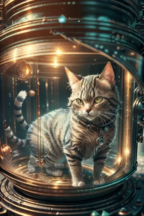 <lora:c4ttitudeflatver:0.8>, photography of tabby cat inside glasstech chamber, (c4ttitude:1.3),  hyper realistic, intricate detail, (foggy:1.1), <lora:GlassTech-20:1>,