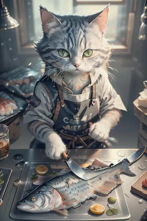 <lora:c4ttitudeflexver:0.8>, close-up photography of (grey tabby cat:1.2) (cuts the fish with a knife on the table:1.2), (c4ttitude:1.3), in glasstech kitchen, hyper realistic, intricate detail, (foggy:1.1), <lora:GlassTech-20:0.8>, pov from below